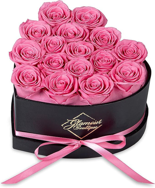 GLAMOUR BOUTIQUE 16 Flower Forever Heart Shape Box, Mothers Day Gift For Mom, Eternal Preserved Roses Gift for Her, Flowers bouquet, For Birthday, Anniversary, Girlfriend - Pink