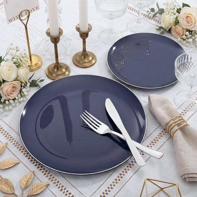 KIRE 200PCS Blue Plastic Plates with Silver Rim - Navy Blue Plastic Plates Include 100 Dinner & Dessert Plate - Heavy Duty Dark Blue Disposable Plate for Wedding/Parties/4th of July