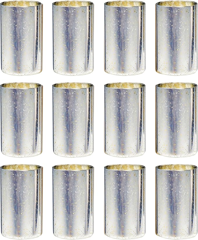 Willceka Silver Cylinder Vases for Centerpieces, Modern Glass Vase Set of 12 Decorative Hurricane Candle Holder for Pillar Candle Holders Flowers for Table Centerpiece, Sliver