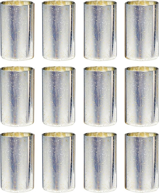 Willceka Silver Cylinder Vases for Centerpieces, Modern Glass Vase Set of 12 Decorative Hurricane Candle Holder for Pillar Candle Holders Flowers for Table Centerpiece, Sliver