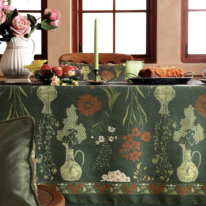 ISAENNE Designer Linen Green Rectangular Tablecloth,94"x63"-Nocturne | Vintage Elegant Table Cloth Rectangle Table,Floral Pattern,Decoration,Heavyweight,Dining,Kitchen,Tea Party,Thanksgiving