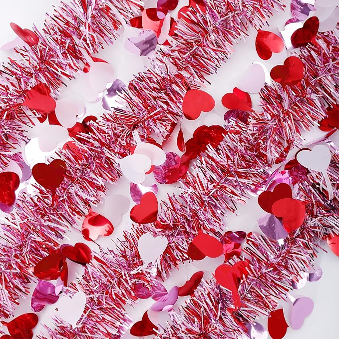 Valentines Garland Decor,50Ft Glitter Tinsel Heart Garland Decorations for Tree Mantle Bedroom Office Classroom Party Indoor Outdoor Holiday Home Pink Red White