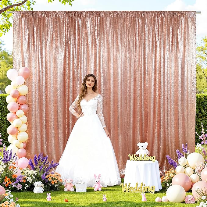SquarePie 20x10ft Rose Gold Sequin Backdrop for Photography, Satin-Backed Real Sequin Curtain, Enhanced Coverage Shimmering Background with 4" Rod Pocket for Wedding, Birthday, Party Decor, 1 Panel