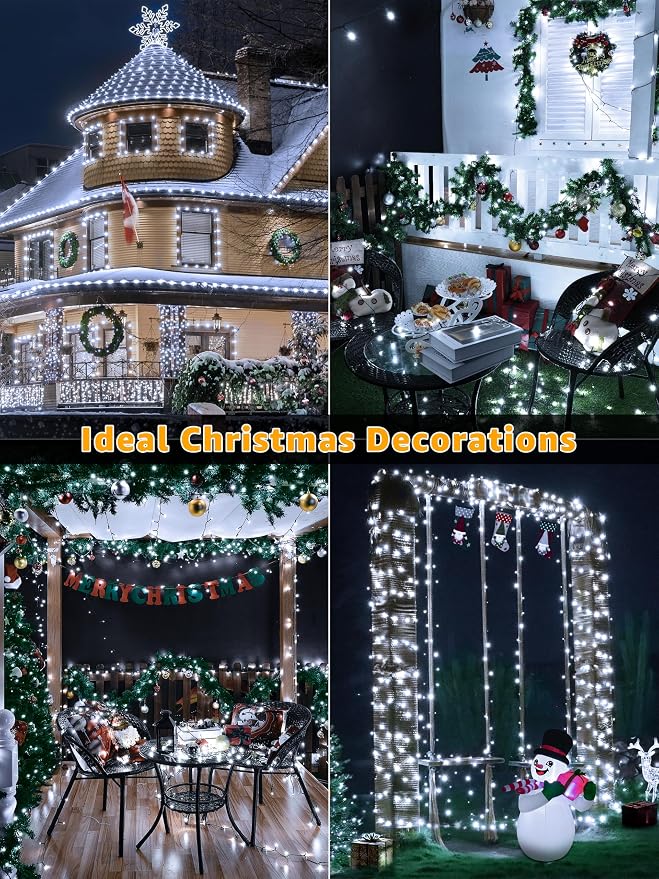 BrightChristmas 1000 LED 328 FT Outdoor String Lights with Remote and Timer, Dimmable with 8 Modes, Waterproof, Cool White Fairy Lights for Christmas Tree & Holiday Decor