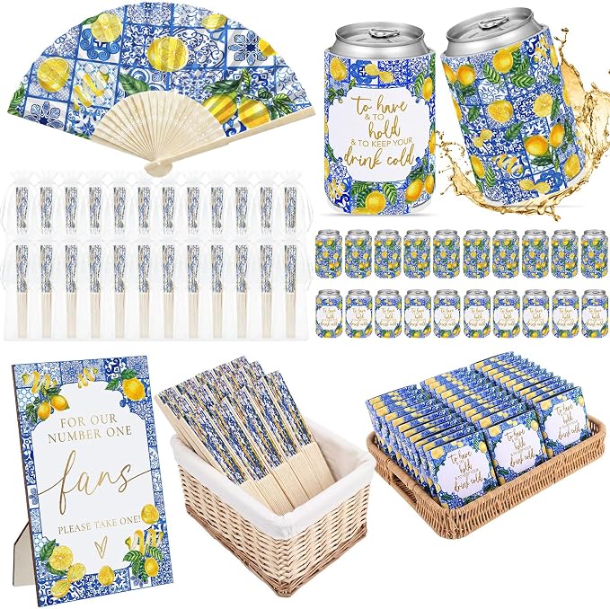 Hoteam 25 Sets Lemon Wedding Party Favors for Guests Bulk Including Yellow Can Cooler and Paper Folding Fans with Wedding Decor Table Sign Cheers to Love for Bridal Shower Party Souvenir