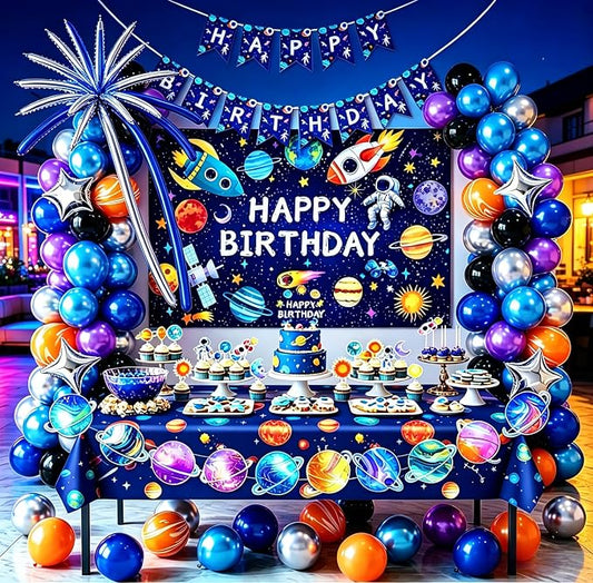 Space Birthday Party Decorations for Boys - 150x100cm Planet Backdrop, Astronaut Rocket Balloons, Galaxy Tablecloth, Hanging Swirls & Cake Toppers, Outer Space Themed Party Supplies Set