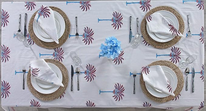 Ridhi Red Palm Hand Block Print Cotton Rectangle Tablecloth 118" x 70" inches Reusable Table Cover Decorative Everyday Use for Dining Room, Farmhouse, Home Gift for Spring, Mother's Day
