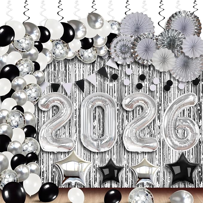 KatchOn, Huge New Years Eve Party Supplies 2026 - Huge Pack of 154 | Silver Fringe Backdrop | 2026 Balloons | Star Balloons For New Years Decorations 2026| NYE Decorations 2026 | New Year Party Decor