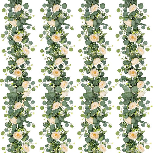 TOCHGREEN 4 Pack 24Ft Artificial Eucalyptus Flower Garland with Champagne Roses, Fake Rose Flower Greenery Garland Floral Vines for Wedding Home Party Table Runner Decor (4PCS, Champagne)