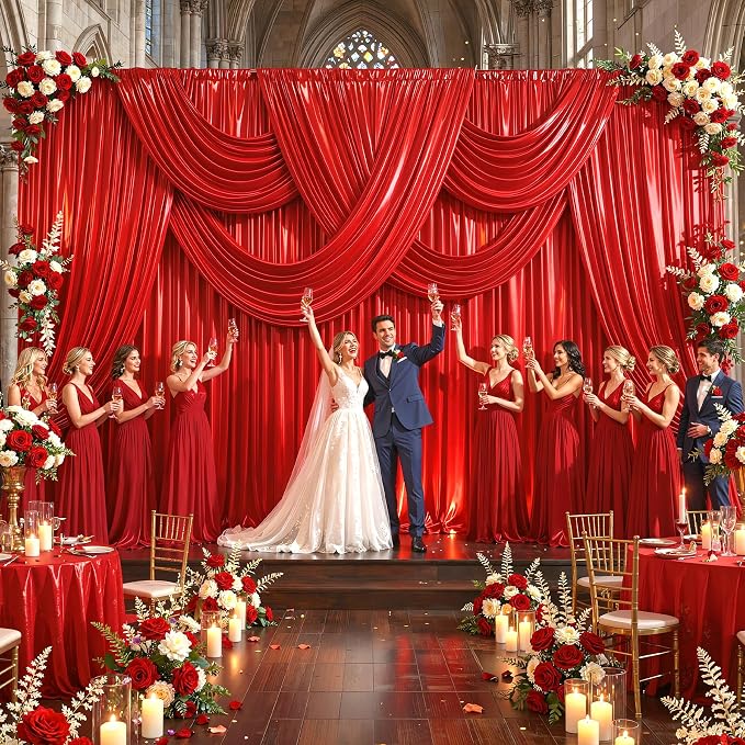 Red Glitter Backdrop Curtains - 10x12FT Satin Photo Backdrop, Wrinkle-Free Shimmer Back Drop Cloth Shiny Drapes for Photobooth Wedding Birthday Parties Photoshoot Background Decorations
