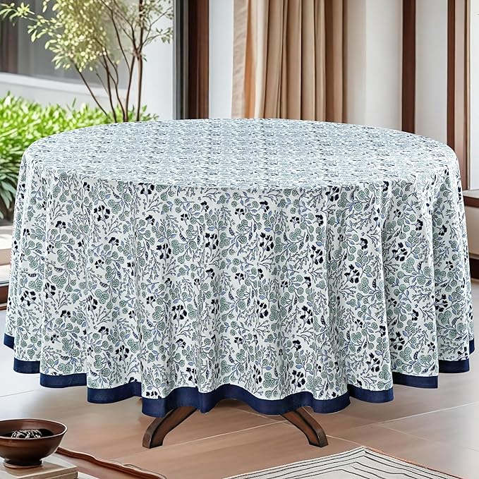 Ridhi Round Tablecloth Hand Block Print 100% Cotton Reusable Denim Blue 132 Inch Table Cover Decorative Everyday Use for Dining, Home, Party, Wedding, Farmhouse, Party Gift for Spring, Mother's Day