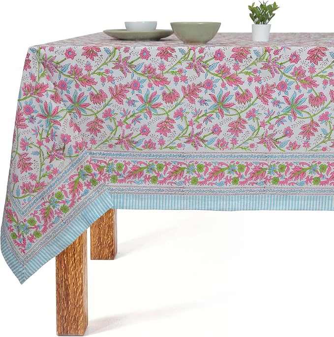 Block Print Table Cloth- 60x120 Inch Rectangle 100% Cotton Handmade Pre-Shrink, Washable for Spring, Kitchen & Dining Perfect for Patio, Indoor & Outdoor, Farmhouse