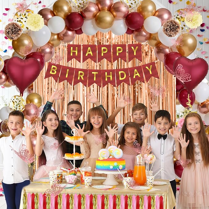 Burgundy Balloons Birthday Decorations, Happy Birthday Banner, Tassel, Heart Foil Balloons, Butterfly, Paper Flower and Fringe Curtains for Happy Birthday Decorations for Women Adults