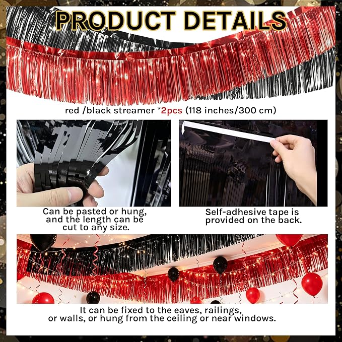 Red, Black & Gold Party Decorations for Birthday, Retirement, Graduation, Casino Night, Red Carpet, Hollywood Theme - Hanging Paper Lanterns, Fans & Streamers Set
