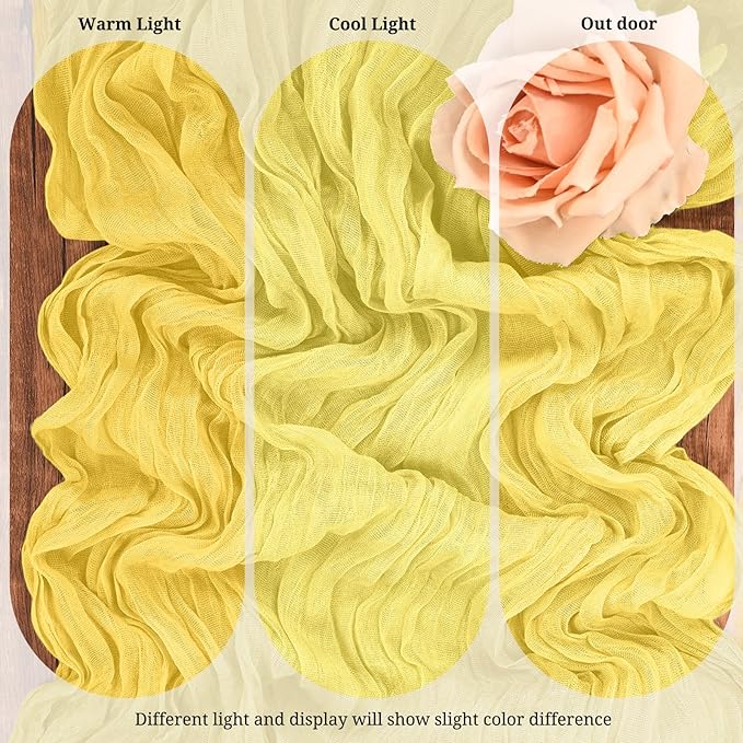 10 Pack Light Yellow Cheesecloth Table Runner 17x108 Inch Semi Sheer Boho Gauze Cheese Cloth Table Runners, for Wedding Bridal Shower Birthday Party Home Decor Garden Farmhouse