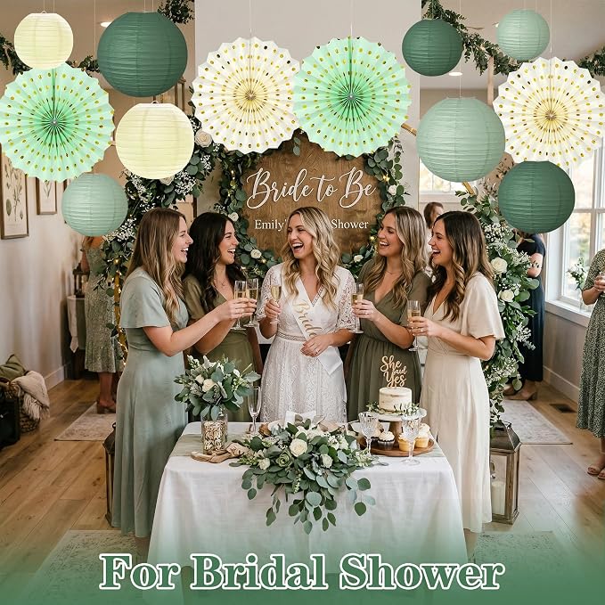 Sage Green Party Decorations Set with Hanging Paper Lanterns Fans for Bridal Baby Shower Wedding Women Girls 16th 21st Birthday Tea Party Supplies