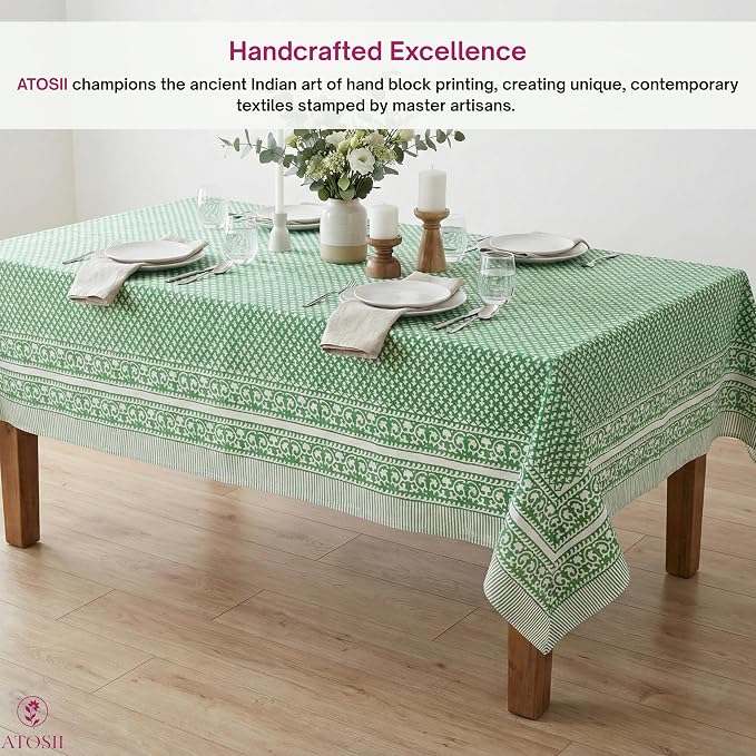 ATOSII Queen Green 100% Cotton Tablecloth, Handblock Print Rectangle Table Cover for Kitchen Dining I Tabletop Linen I Parties, Thanksgiving, Christmas, Wedding, Fall Table Cloth 60 X 90 Inches