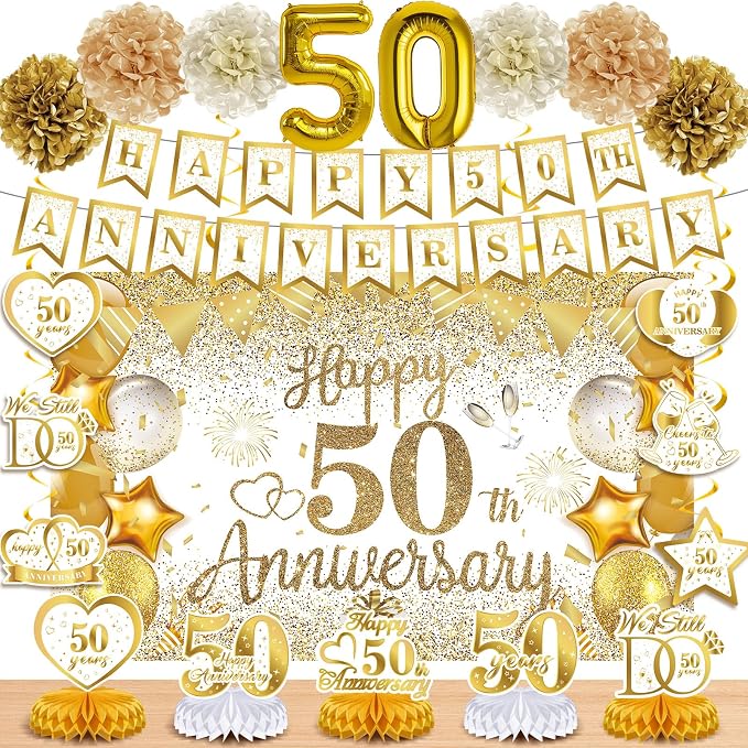 50th Golden Wedding Anniversary Decorations - White Gold Happy Anniversary Banner Backdrop Centerpiece Hanging Swirls Pom Poms