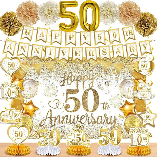 50th Golden Wedding Anniversary Decorations - White Gold Happy Anniversary Banner Backdrop Centerpiece Hanging Swirls Pom Poms