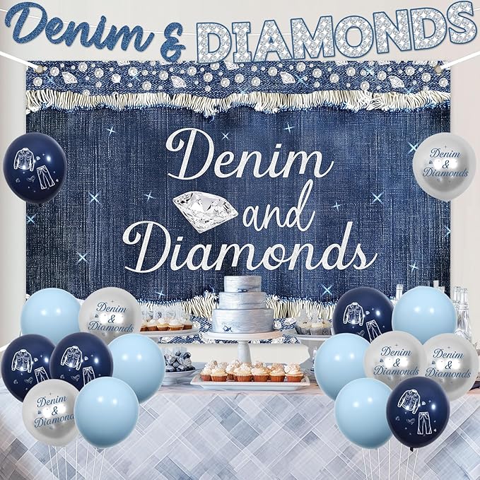 Denim and Diamonds Party Decorations Denim and Diamonds Backdrop Banner Sash with Blue Silver Balloons for Women Girls Birthday Bachelorette Party Bridal Shower Wedding Supplies