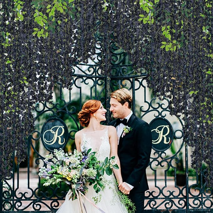 36 Pack Black Wisteria Hanging Flowers Fake Hanging Flowers Artificial Wisteria Garland Vines for Wedding Room Backdrop Outdoor Patio Garden Decoration (Black)