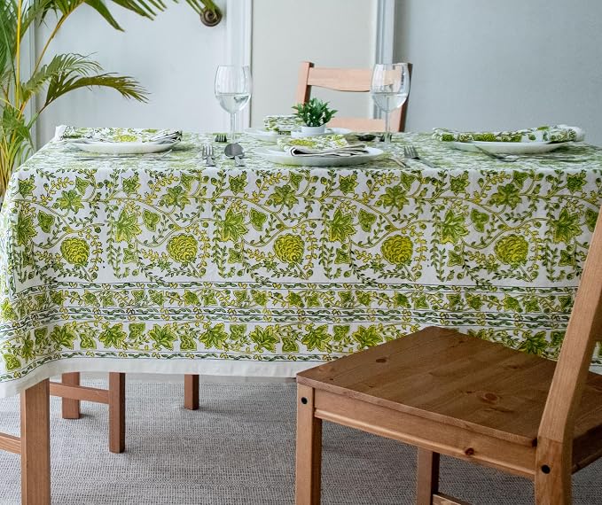 Block Print Table Cloth- 54x108 Inch Rectangle 100% Cotton Handmade Pre-Shrink, Washable for Spring, Kitchen & Dining Perfect for Chirstmas, Patio, Indoor & Outdoor, Farmhouse