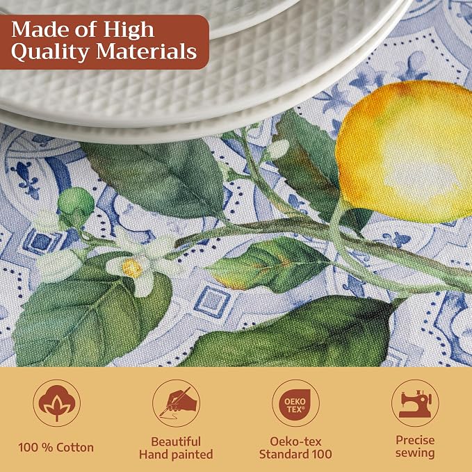 Maison d' Hermine Table Cloth Round Table 100% Cotton 63 Round Inches Tablecloth Reusable Decorative for Dining Kitchen Room Farmhouse Party Home Hotel Restaurant Spring Summer - Citrus