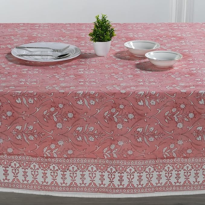 Ridhi Sweet Pink Hand Block Print Cotton Rectangle Tablecloth 120" x 80" inches Reusable Table Cover Decorative Everyday Use for Dining Room, Farmhouse, Home Gift for Spring, Mother's Day