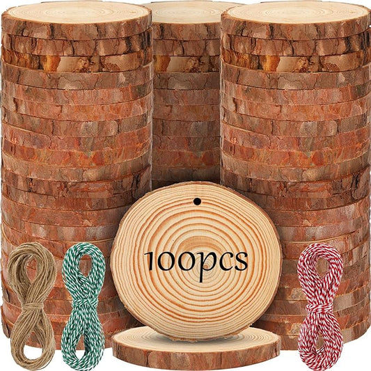 Giegxin 100 Pcs Natural Wood Slices 3.5-4 Inch Unfinished Wood Rounds Predrilled Wooden Circles Ornaments for Crafts Rustic DIY Christmas Ornaments with Twine for Painting Coaster Supplies