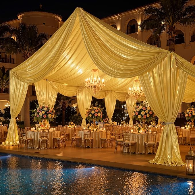 4 Panels 5x40ft Gold Ceiling Drapes for Wedding Parties, Wrinkle Free Thick Polyester 40ft Extra Long Wedding Draping Arch Drapery for Birthday Party Canopy Tent Decor