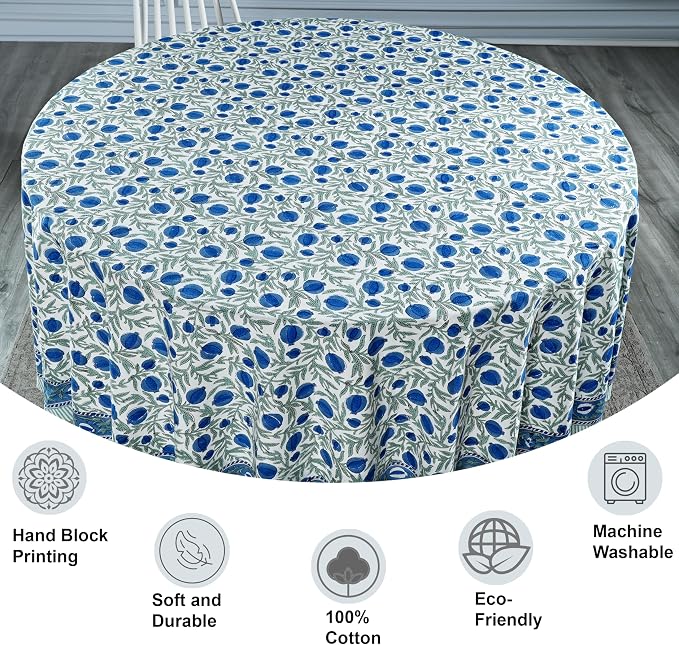 Ridhi Round Tablecloth Hand Block Print 100% Cotton Reusable Queen Blue 132 Inch Table Cover Decorative Everyday Use for Dining, Home, Party, Wedding, Farmhouse, Party Gift for Spring, Mother's Day