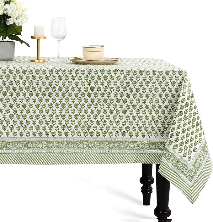 CPC Block Print Tablecloth Emerald Green 190"x72" Rectangular 100% Cotton Reusable Table Cover, Everyday Decorative Table Cloth Use for Dining, Farmhouse, Home Gifts for Spring, Summer