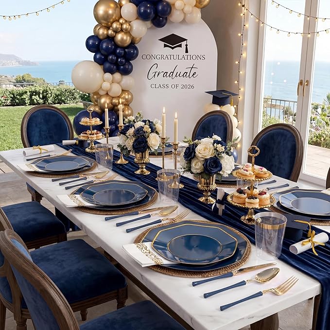 KIRE 140Pcs Blue Plastic Plates with Gold Rim - Gold Disposable Plastic Silverware with Blue Handle&Clear Cups&Hand Napkin - Geometric Party Plates for Passover/Party/Graduation
