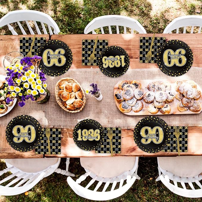 96PCS 90th Theme Birthday Party Tableware Vintage 1936 Party Supplies 90 Year Old Birthday Decorations Plates Napkins Forks Black and Gold Dinnerware Favors for Men or Women