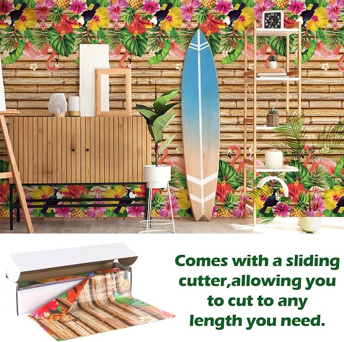Kochorie 100 Ft X 54 Inch Hawaiian Luau Party Tablecloth Roll with Cutter Box, Disposable Plastic Hawaii Tiki Totem Table Cover, Aloha Tropical Floral Table Decorations for Summer Beach Pool Birthday