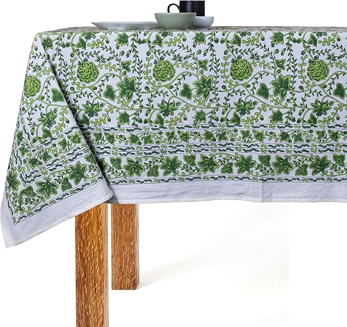 Light Green Block Print Table Cloth- 60x108 Inch Rectangle 100% Cotton Handmade Pre-Shrink, Washable for Spring, Kitchen & Dining Perfect for Chirstmas Patio, Indoor & Outdoor, Farmhouse