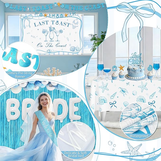THAWAY Last Toast on The Coast Bachelorette Party Decorations - 139Pcs Coastal Blue Bridal Shower Decor Set with Backdrop, Tablecloth, Balloon Arch Kit, Bride Veil & Sash for Beach Wedding Decorations