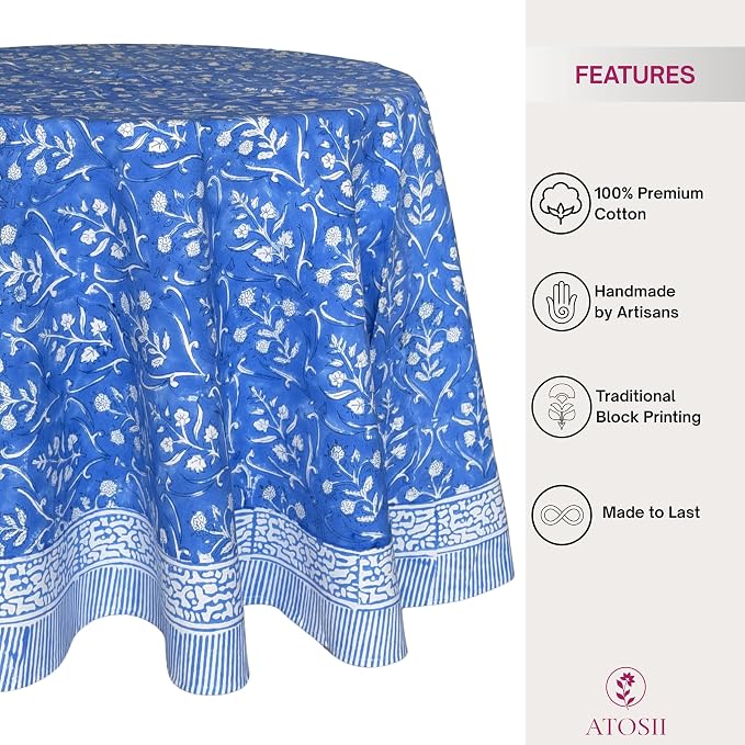 ATOSII Maya Blue 100% Cotton Round Boho Fall Tablecloth, Handblock Floral Table Cloth Linen for Kitchen Dining I Parties Weddings Outdoors Picnics Easter Mothers Day I 60" Inches Round I 4 Seater