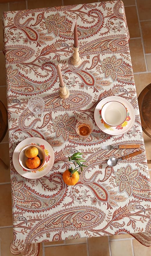 ISAENNE Designer Vintage Linen Rectangular Tablecloth,87"x55"-Chauffrey D | Vintage French Table Cloth Rectangle Table,Cashew Pattern,Durable,Heavyweight,Dining,Kitchen,Tea Party,Thanksgiving