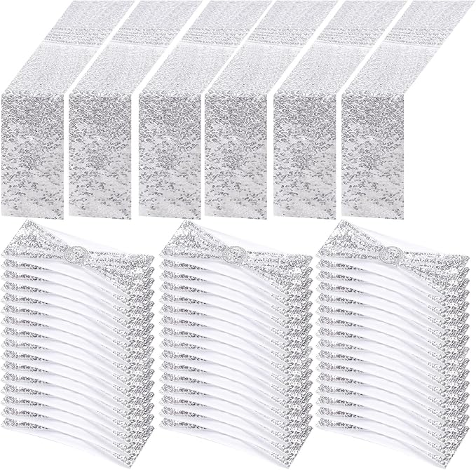 Newwiee 54 Pcs Silver Sequin Chair Sashes and Table Runners, 48 Sequin Chair Bows, 6 Glitter Table Runners for Birthday Party Wedding Banquet Holiday Decorations