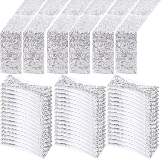 Newwiee 54 Pcs Silver Sequin Chair Sashes and Table Runners, 48 Sequin Chair Bows, 6 Glitter Table Runners for Birthday Party Wedding Banquet Holiday Decorations