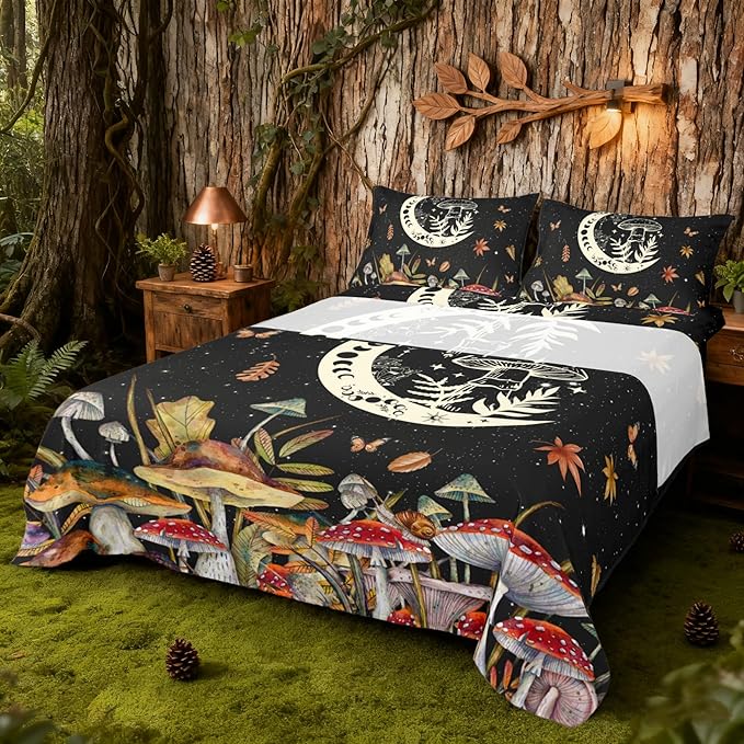 Watercolor Mushroom Bed Sheet Cartoon Moon Cute Dreamcatcher Exotic Sheet Set for Kids Teens Adults Wild Butterfly Leaves Starry Galaxy Bedding Set with Flat,Fitted Sheet,2 Pillowcases Queen Size