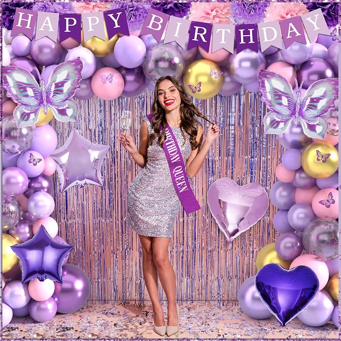 Purple Birthday Decorations for Women Girls Purple Party Decorations with Purple Balloon Arch Sash Banner Backdrop Tablecloth Cake Topper