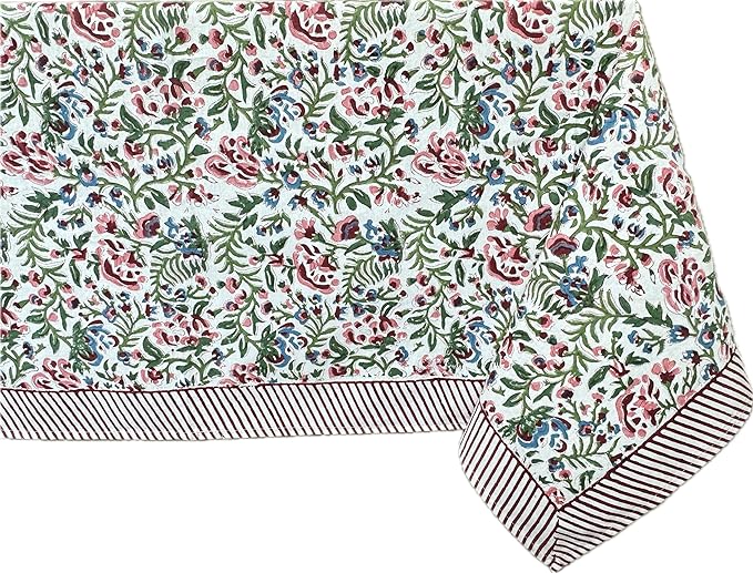 ATOSII Ambrosia 100% Cotton Rectangle Boho Spring Summer Tablecloth, Handblock Floral Table Cloth Linen for Kitchen Dining I Parties Wedding Outdoors Easter I 72 X 140 Inches I 12 Seater
