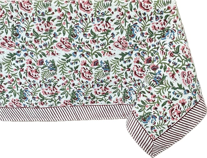 ATOSII Ambrosia 100% Cotton Boho Rectangle Spring Tablecloth, Handblock Floral Print Table Cloth Linen for Kitchen Dining I Parties Outdoors Weddings Easter Picnics I 72 X 108 Inches I 8 Seater