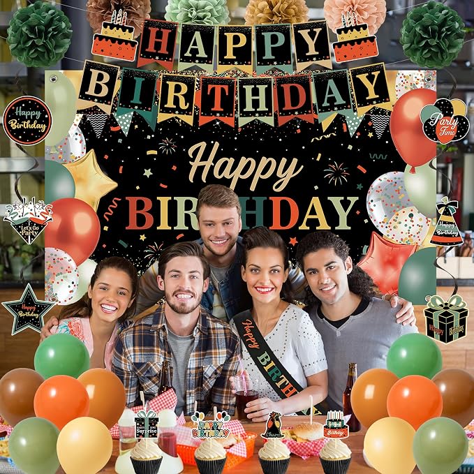 DARUNAXY Colorful Birthday Party Decorations Set | Happy Birthday Banner & Sash, Balloons Pom Poms Cake Topper Decor, Birthday Gifts Party Supplies for Men Women Boys Girls