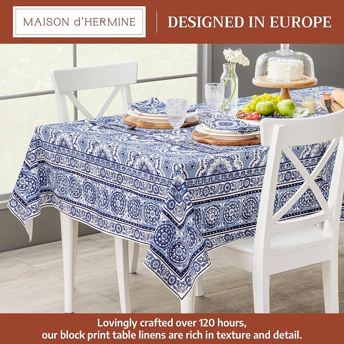 Maison d' Hermine Table Cloth Rectangle Table 100% Cotton 70 x 120 Inches Tablecloth Reusable Decorative for Dining Kitchen Room Farmhouse Party Home Hotel Restaurant Spring Summer - Melodie Bleue