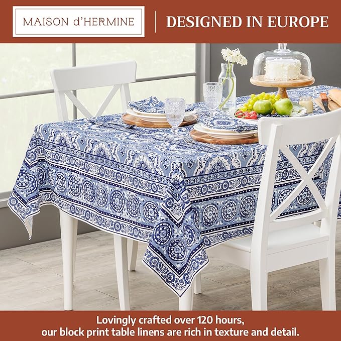 Maison d' Hermine Table Cloth Rectangle Table 100% Cotton 70 x 90 Inches Tablecloth Reusable Decorative for Dining Kitchen Room Farmhouse Party Home Hotel Restaurant Spring Summer - Melodie Bleue