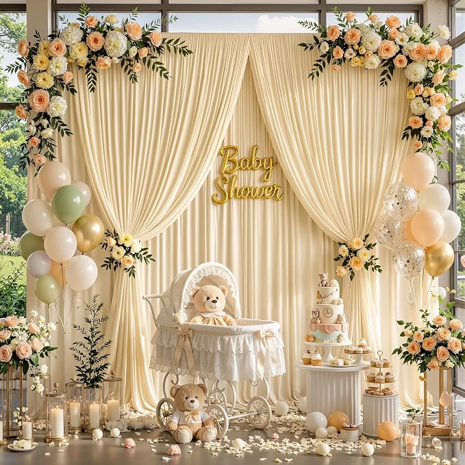 10ftx12ft Wrinkle Free Champagne Backdrop Curtain, 2 Panels 12FT Long Wedding Photo Backdrop Drapes, Silky Polyester Back Drop Cloth for Birthday Photography Background Party Backdrop Draping