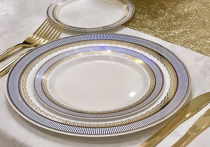 OCCASIONS 50pc Heavy Duty Disposable Plastic Plates Set for 25 Guests – 25 Dinner (10.5") & 25 Dessert (7.5") Plates – Elegant, Recyclable, BPA Free – Louvre Blue & Gold